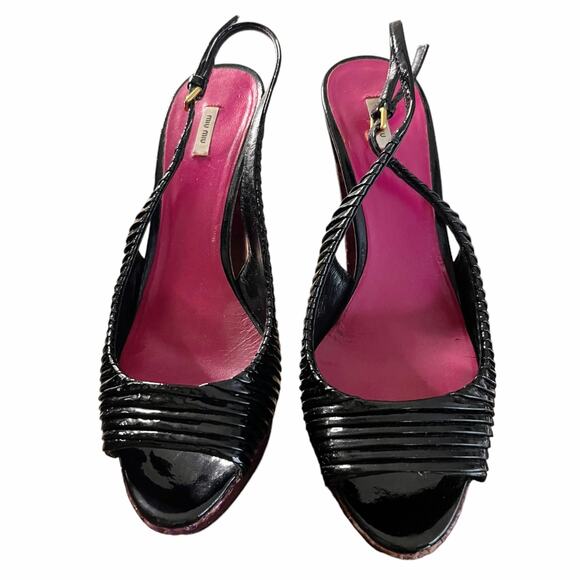 MIU MIU Black Patent Leather Sandals Peep Toe Sling Back Platforms Italy 38.5 - Picture 13 of 16